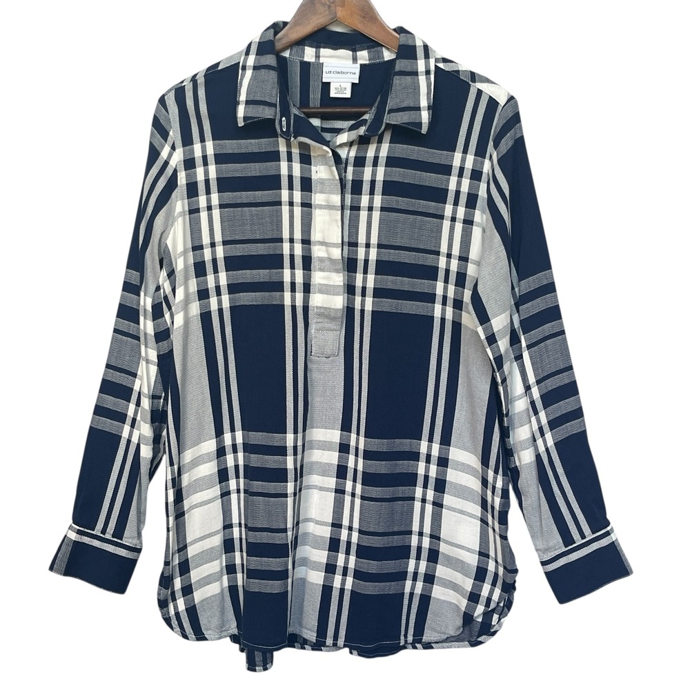 Liz Claiborne Blue Plaid Half Button Up Shirt Long Sleeve Collared Top Large‎